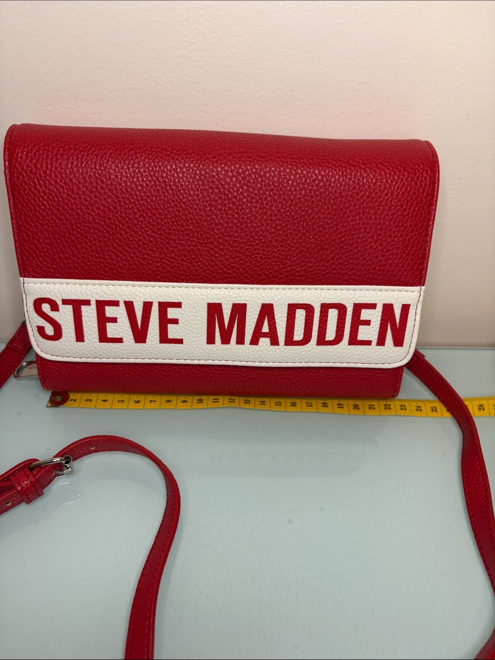 Steve Madden Red Shoulder Crossbody with White Logo Band
